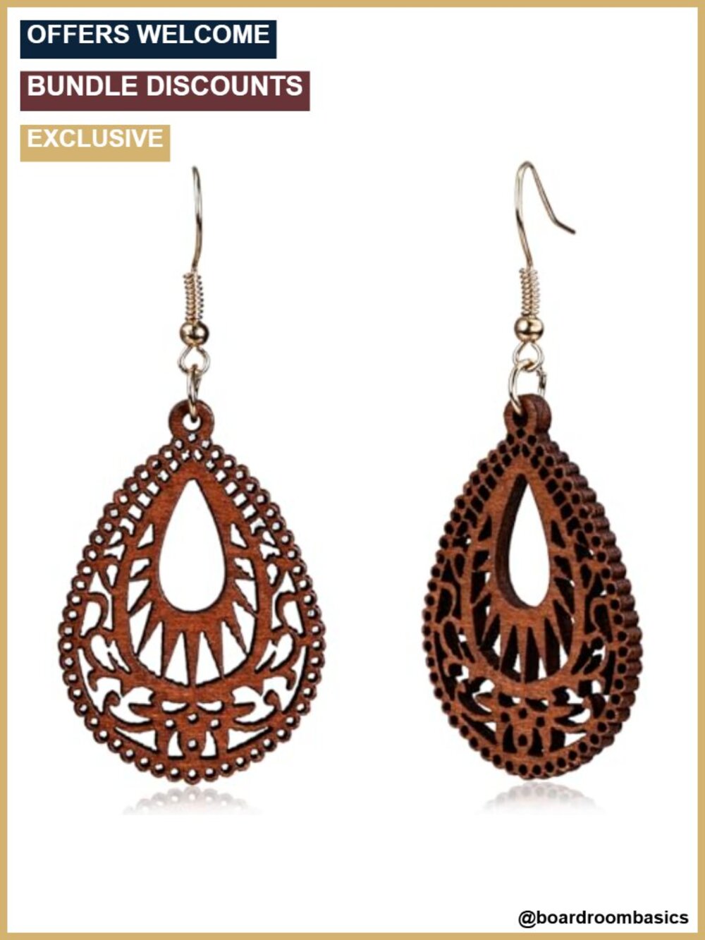 Wooden Teardrop Earrings with 925 Sterling Silver Hooks, Lightweight Dangle